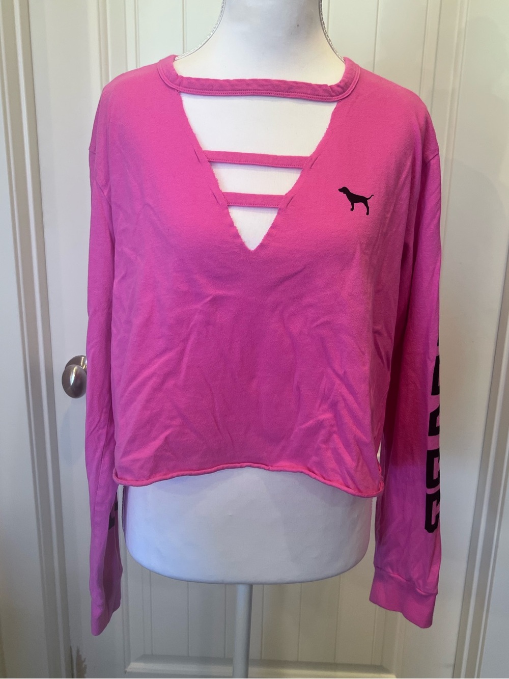 PINK Victoria's Secret Bright Pink Strappy V-Neck Cropped Tee Sz Large